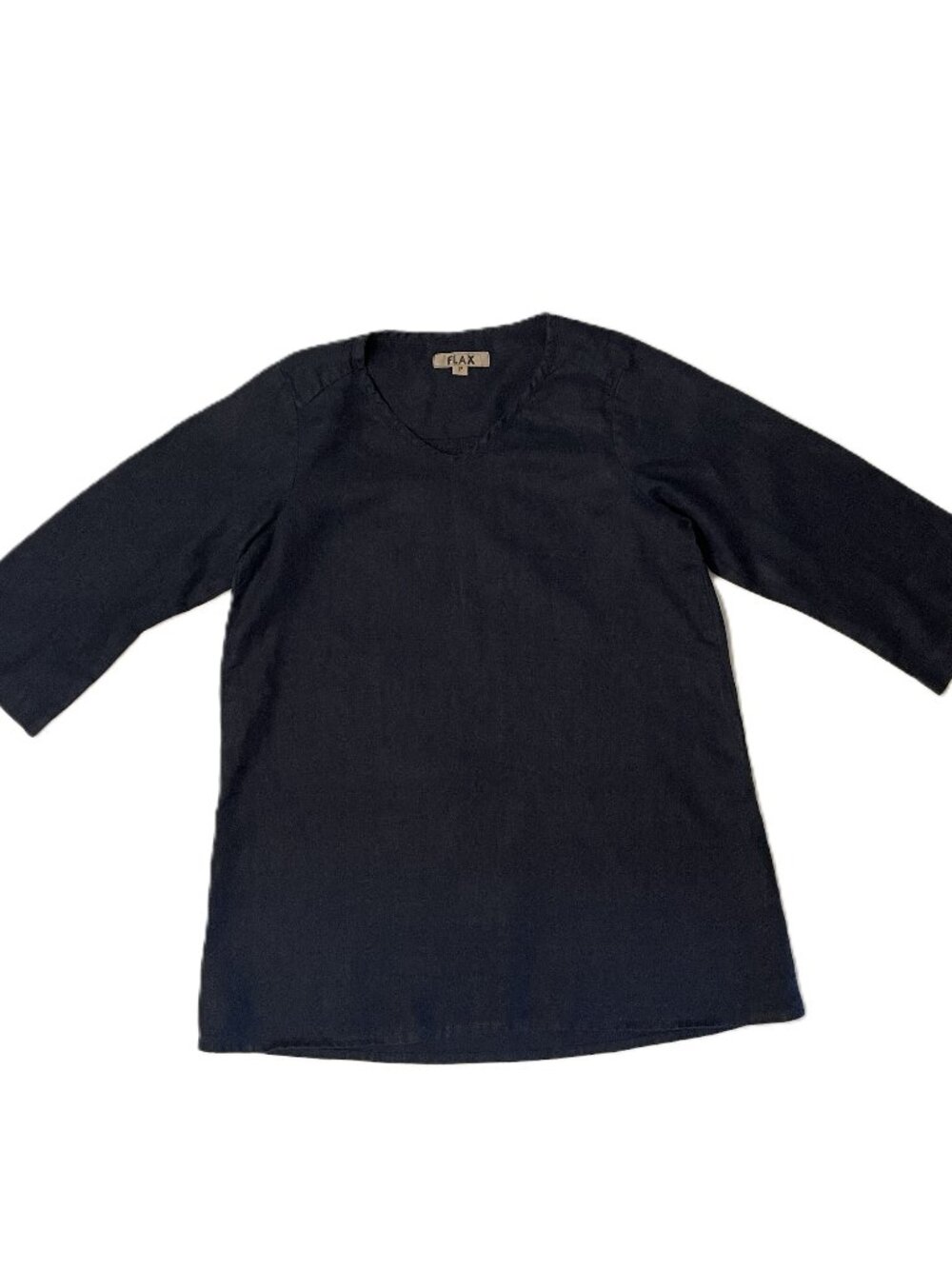 FLAX Top 100% Linen Sz P XS (4-6) Navy Blue 3/4 Sleeve Lagenlook Minimalist